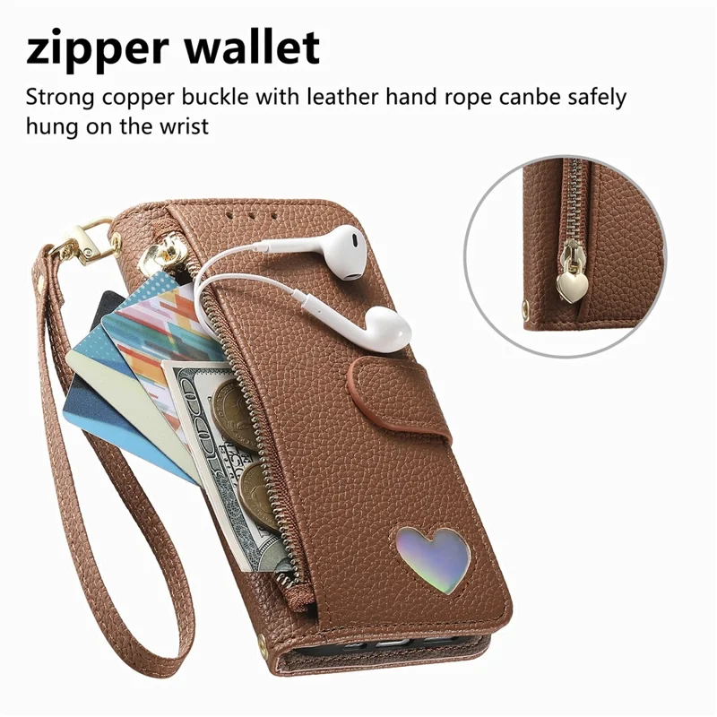For Samsung Galaxy S26 Case Zipper Pocket TPU PU Leather Wallet Phone Cover with Strap - Brown