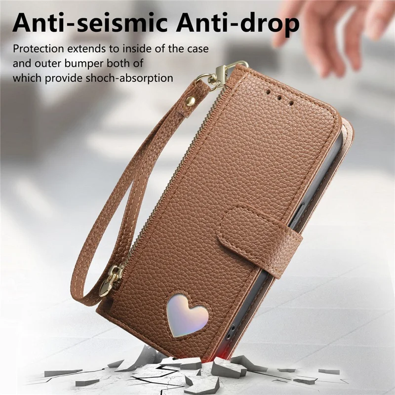 For Samsung Galaxy S26 Case Zipper Pocket TPU PU Leather Wallet Phone Cover with Strap - Brown