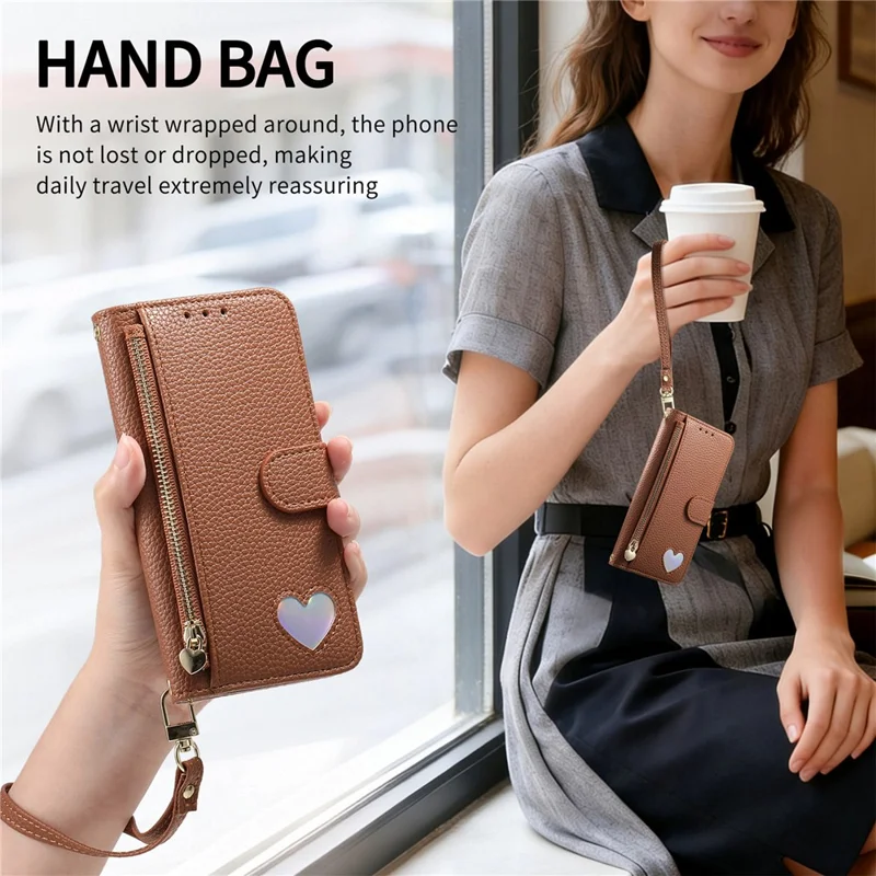For Samsung Galaxy S26 Case Zipper Pocket TPU PU Leather Wallet Phone Cover with Strap - Brown