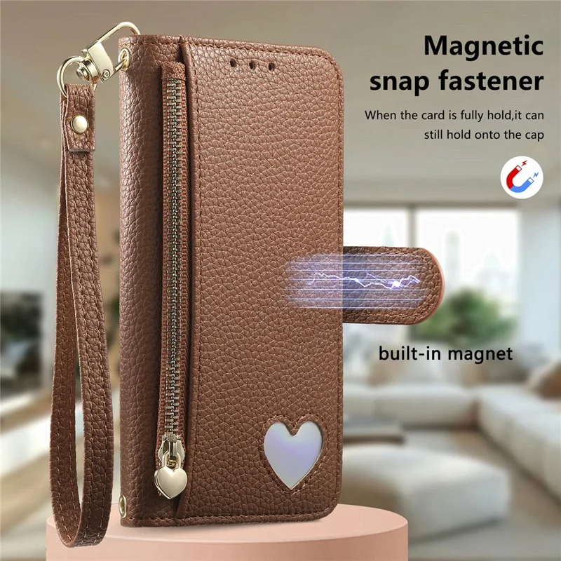 For Samsung Galaxy S26 Case Zipper Pocket TPU PU Leather Wallet Phone Cover with Strap - Brown