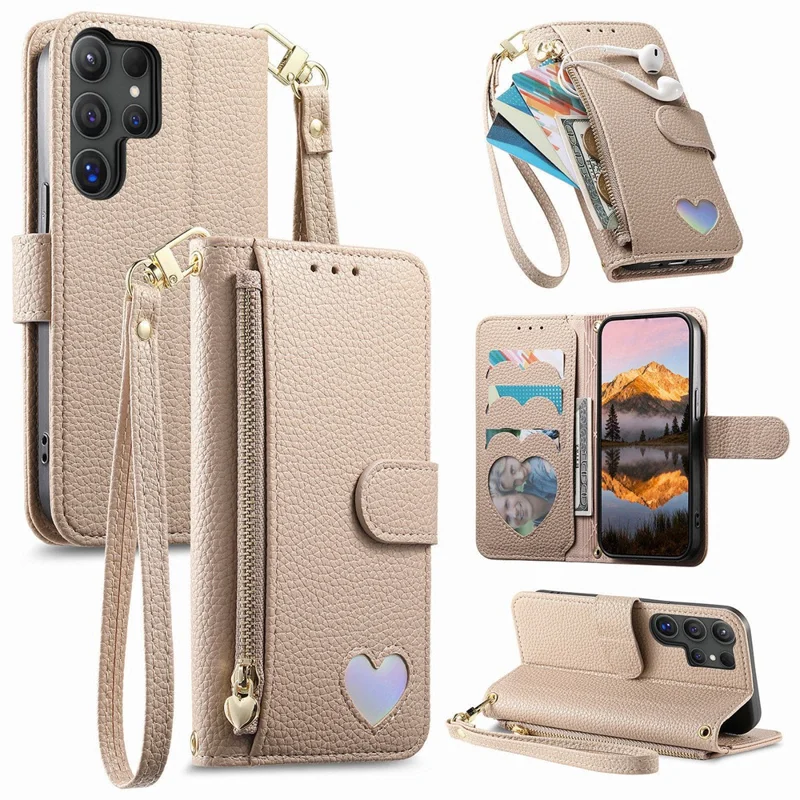 For Samsung Galaxy S26 Ultra Case Zipper Pocket TPU PU Leather Wallet Phone Cover with Strap - Khaki