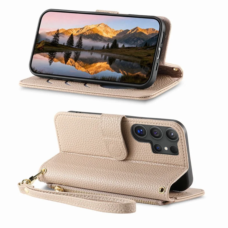 For Samsung Galaxy S26 Ultra Case Zipper Pocket TPU PU Leather Wallet Phone Cover with Strap - Khaki