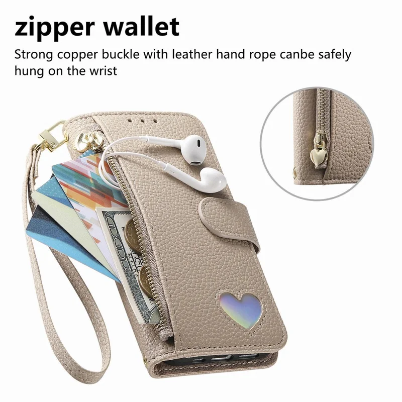 For Samsung Galaxy S26 Ultra Case Zipper Pocket TPU PU Leather Wallet Phone Cover with Strap - Khaki
