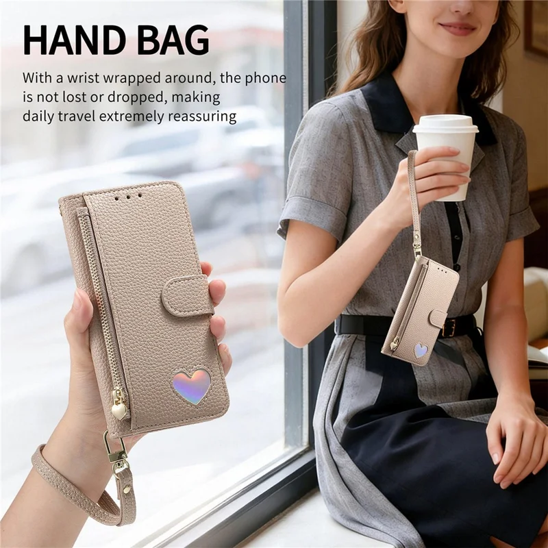 For Samsung Galaxy S26 Ultra Case Zipper Pocket TPU PU Leather Wallet Phone Cover with Strap - Khaki