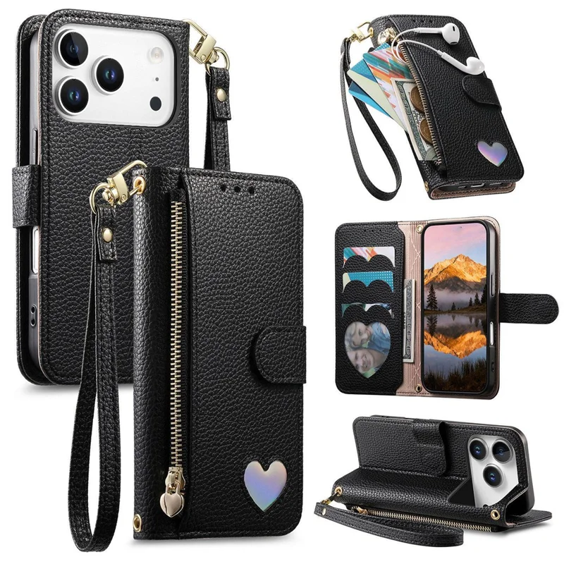 For iPhone 17 Pro Case Zipper Pocket TPU PU Leather Wallet Phone Cover with Strap - Black