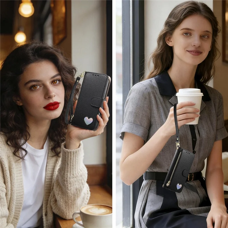 For iPhone 17 Pro Case Zipper Pocket TPU PU Leather Wallet Phone Cover with Strap - Black