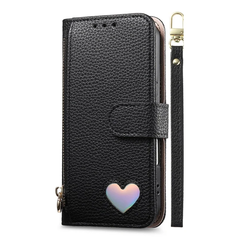 For iPhone 17 Pro Case Zipper Pocket TPU PU Leather Wallet Phone Cover with Strap - Black