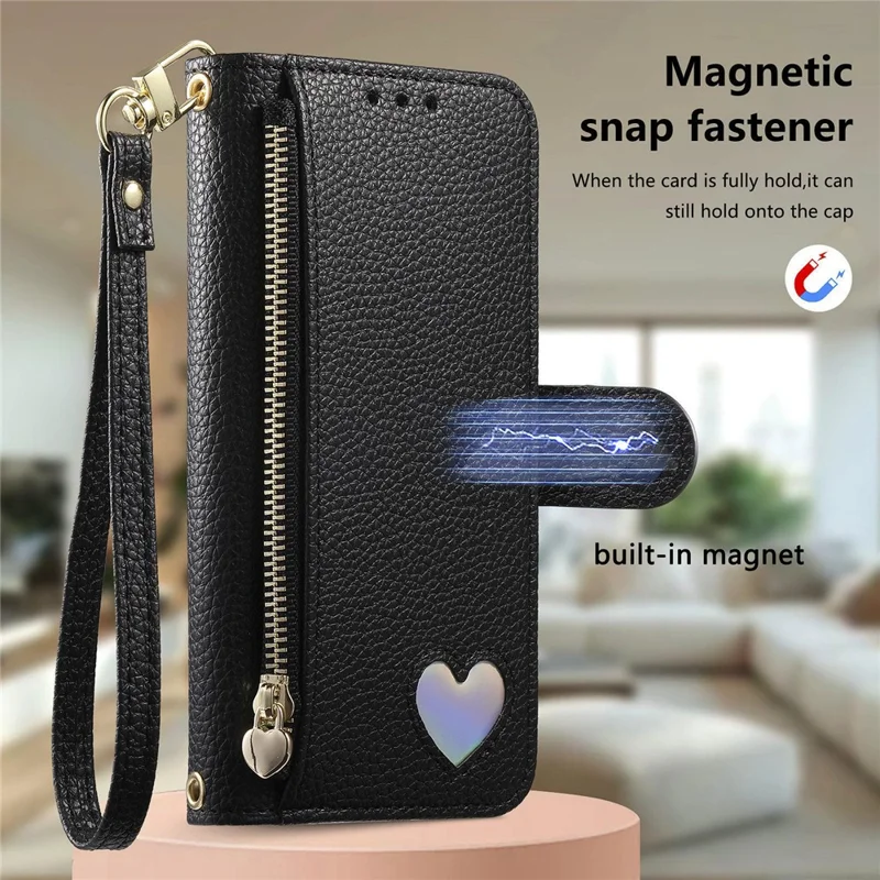 For iPhone 17 Pro Case Zipper Pocket TPU PU Leather Wallet Phone Cover with Strap - Black