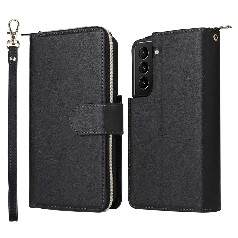Per Samsung Galaxy S23 Stand Wallet Phone PU Leather Flip Case Magnetic 9 Card Holder Slots Zipper Pocket Cover with Strap - Nero