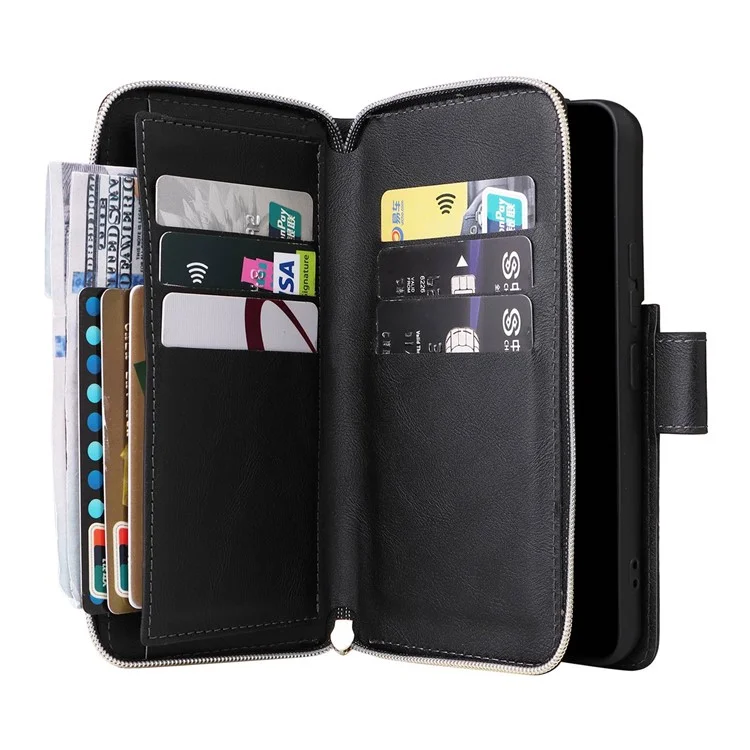 Per Samsung Galaxy S23 Stand Wallet Phone PU Leather Flip Case Magnetic 9 Card Holder Slots Zipper Pocket Cover with Strap - Nero