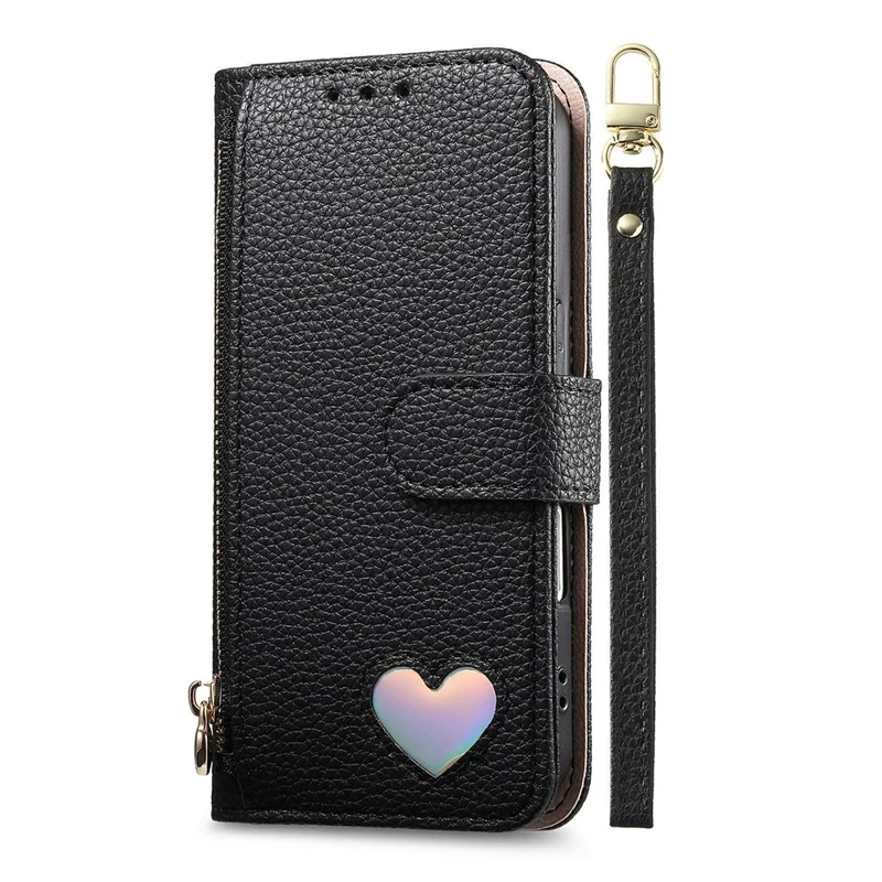 For iPhone 17 Pro Max Case Zipper Pocket TPU PU Leather Wallet Phone Cover with Strap - Black