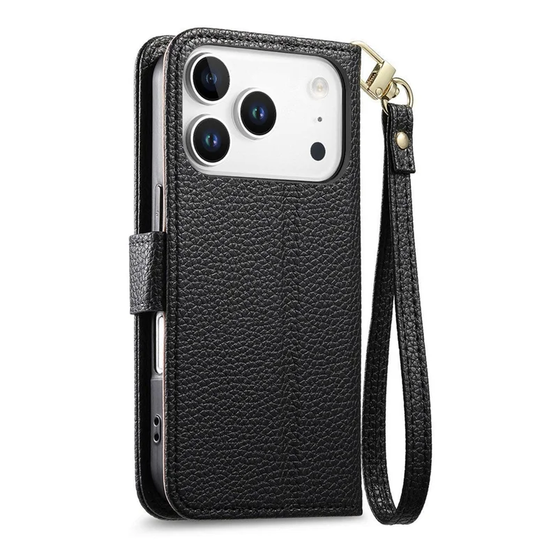 For iPhone 17 Pro Max Case Zipper Pocket TPU PU Leather Wallet Phone Cover with Strap - Black