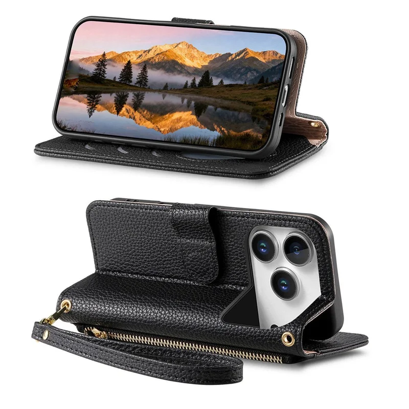 For iPhone 17 Pro Max Case Zipper Pocket TPU PU Leather Wallet Phone Cover with Strap - Black