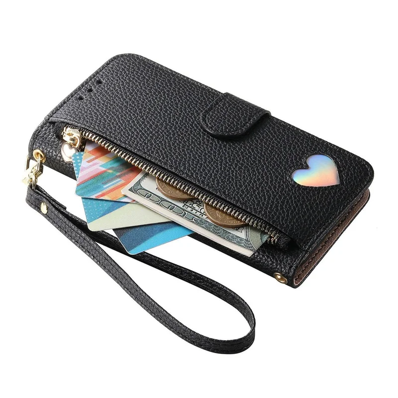 For iPhone 17 Pro Max Case Zipper Pocket TPU PU Leather Wallet Phone Cover with Strap - Black
