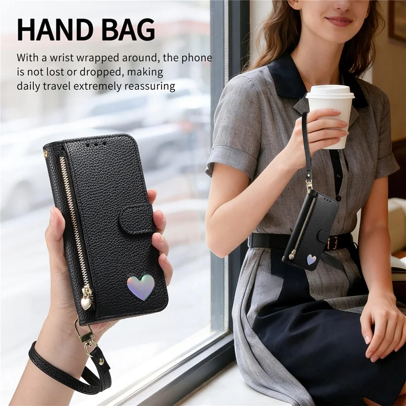 For iPhone 17 Pro Max Case Zipper Pocket TPU PU Leather Wallet Phone Cover with Strap - Black