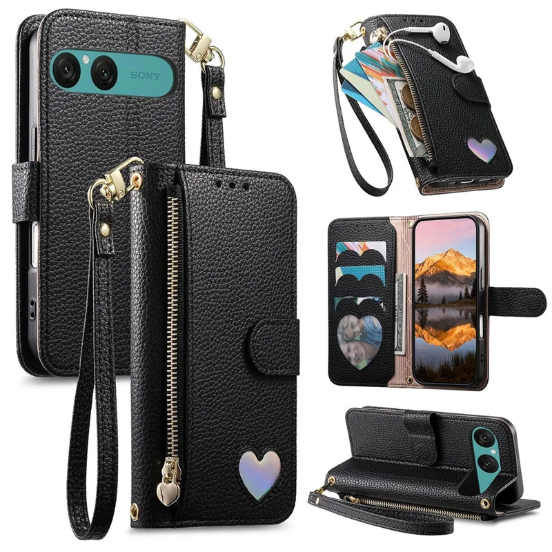 Étui pour Sony Xperia 10 VII, étui portefeuille avec fermeture à glissière, support, motif cœur, en cuir PU, avec dragonne - Noir