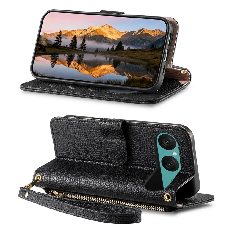 Étui pour Sony Xperia 10 VII, étui portefeuille avec fermeture à glissière, support, motif cœur, en cuir PU, avec dragonne - Noir