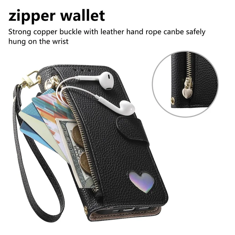 Étui pour Sony Xperia 10 VII, étui portefeuille avec fermeture à glissière, support, motif cœur, en cuir PU, avec dragonne - Noir