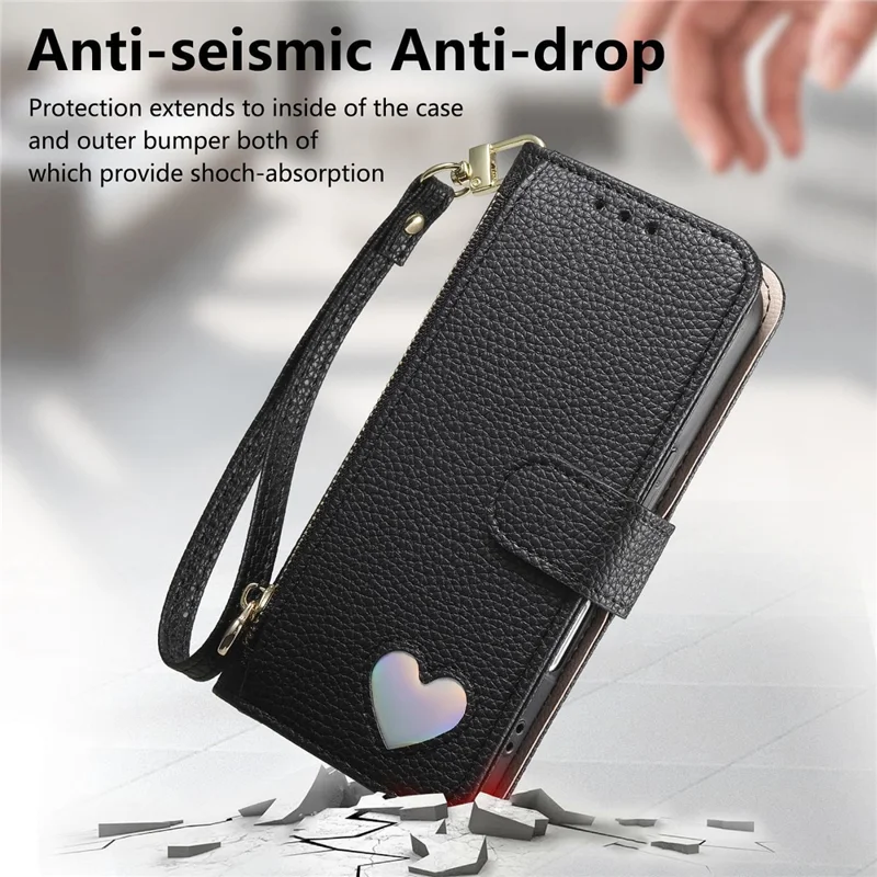 Étui pour Sony Xperia 10 VII, étui portefeuille avec fermeture à glissière, support, motif cœur, en cuir PU, avec dragonne - Noir