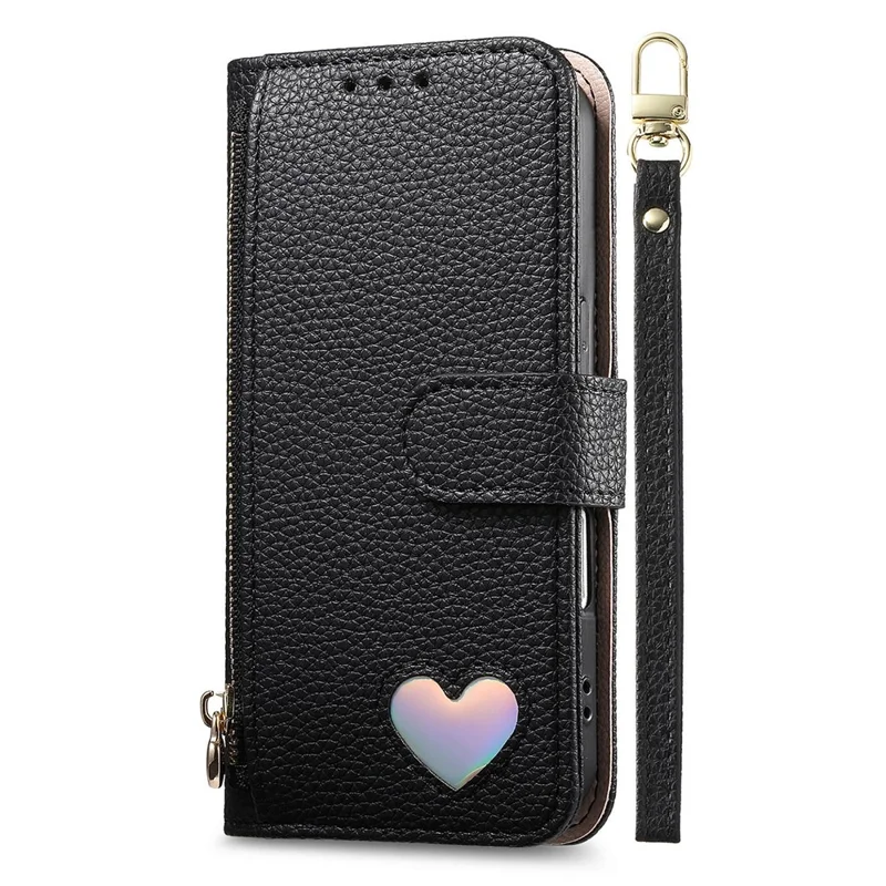 Étui pour Sony Xperia 10 VII, étui portefeuille avec fermeture à glissière, support, motif cœur, en cuir PU, avec dragonne - Noir
