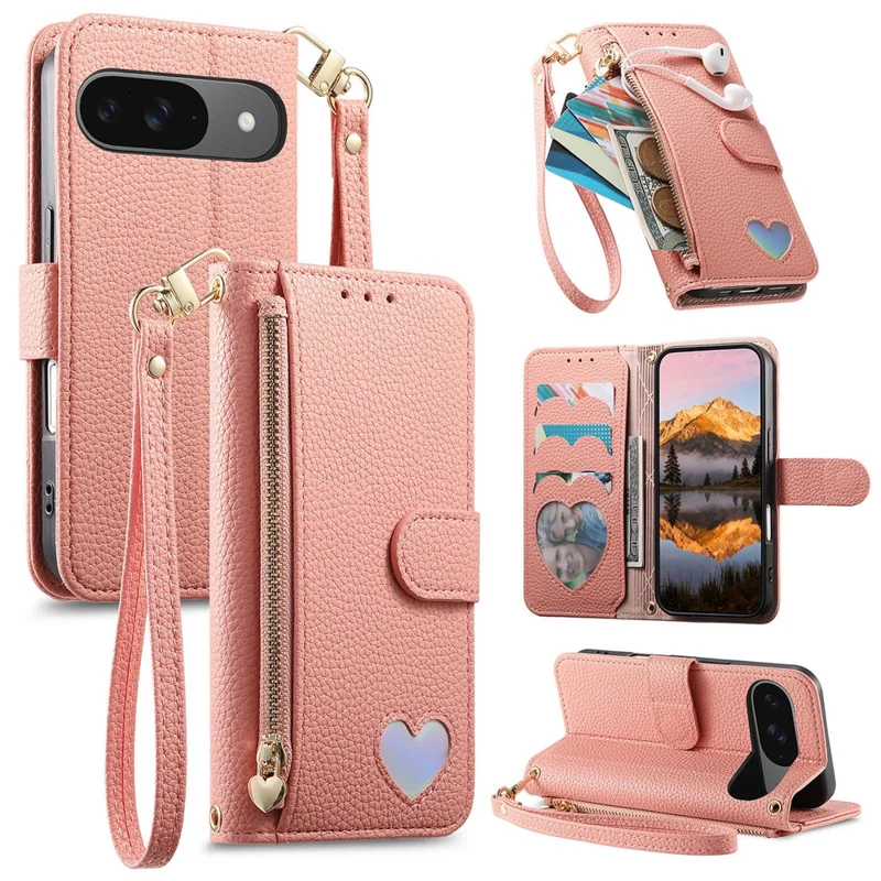 Phone Case For Google Pixel 10 Pro  /  Pixel 10 Zipper Pocket TPU PU Leather Wallet Phone Cover with Strap - Pink