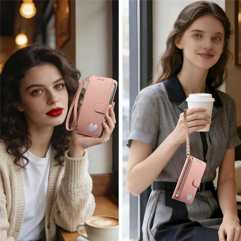 Phone Case For Google Pixel 10 Pro  /  Pixel 10 Zipper Pocket TPU PU Leather Wallet Phone Cover with Strap - Pink