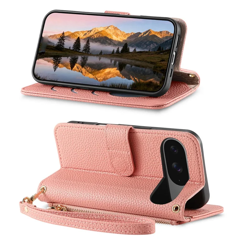 Phone Case For Google Pixel 10 Pro  /  Pixel 10 Zipper Pocket TPU PU Leather Wallet Phone Cover with Strap - Pink