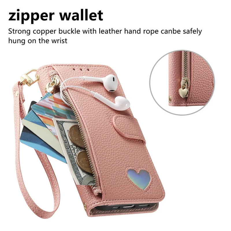 Phone Case For Google Pixel 10 Pro  /  Pixel 10 Zipper Pocket TPU PU Leather Wallet Phone Cover with Strap - Pink