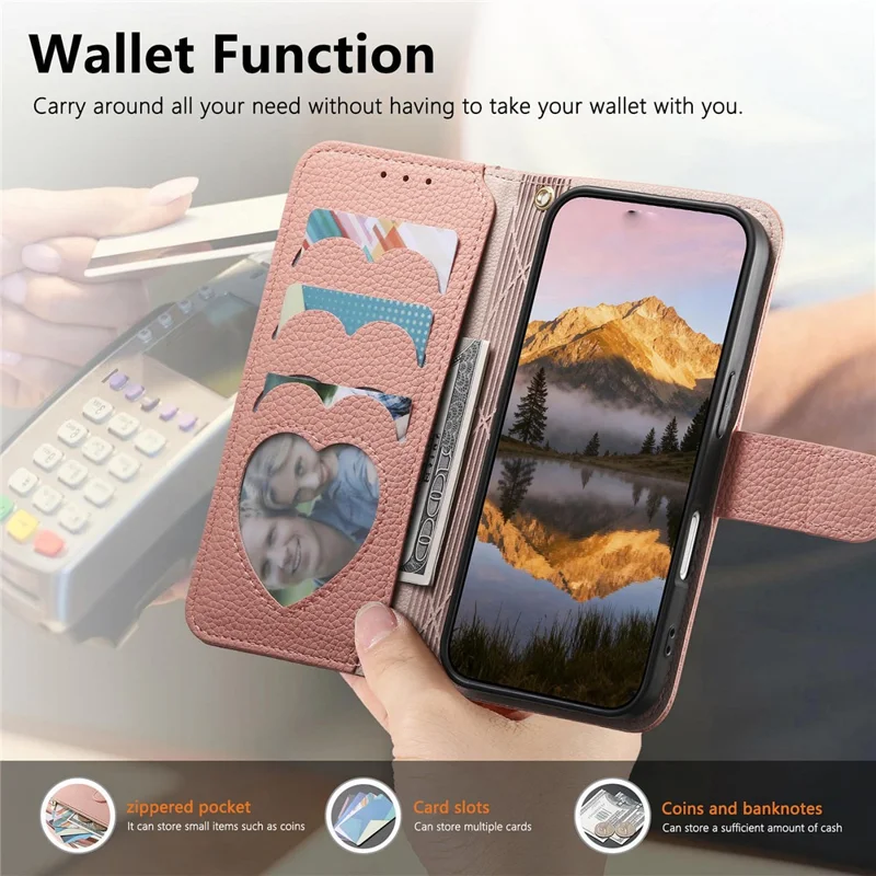 Phone Case For Google Pixel 10 Pro  /  Pixel 10 Zipper Pocket TPU PU Leather Wallet Phone Cover with Strap - Pink
