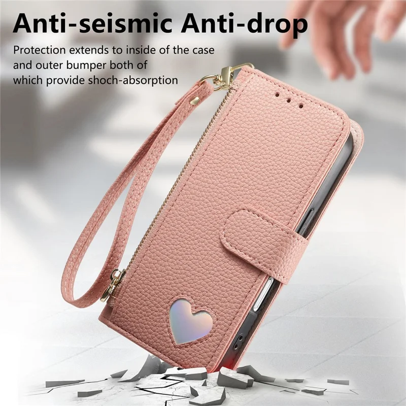 Phone Case For Google Pixel 10 Pro  /  Pixel 10 Zipper Pocket TPU PU Leather Wallet Phone Cover with Strap - Pink