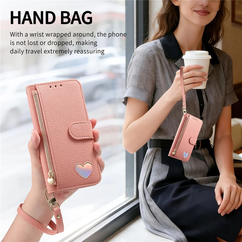 Phone Case For Google Pixel 10 Pro  /  Pixel 10 Zipper Pocket TPU PU Leather Wallet Phone Cover with Strap - Pink