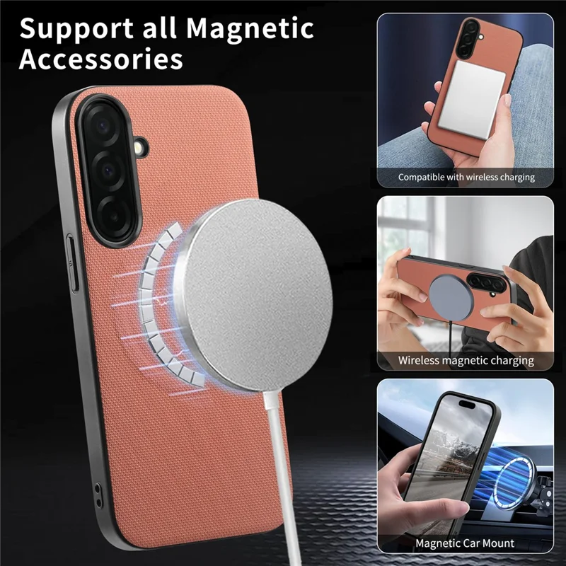 For Samsung Galaxy S26 Magnetic Case Fine Grid Texture Leather + PC + TPU Phone Cover - Pink