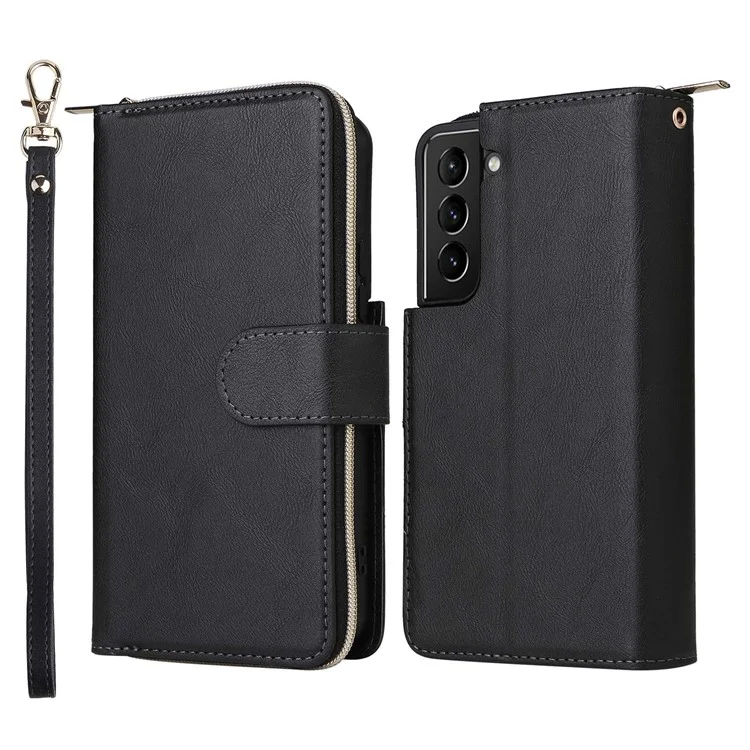 Для Samsung Galaxy S23+ Полная защита Stand Wallet Phone Flip Case PU Кожа Магнитный 9 Держатель для карт Слоты Карман на молнии Крышка со Ремешком - Черный