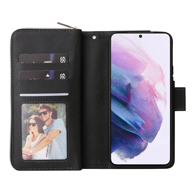 Для Samsung Galaxy S23+ Полная защита Stand Wallet Phone Flip Case PU Кожа Магнитный 9 Держатель для карт Слоты Карман на молнии Крышка со Ремешком - Черный
