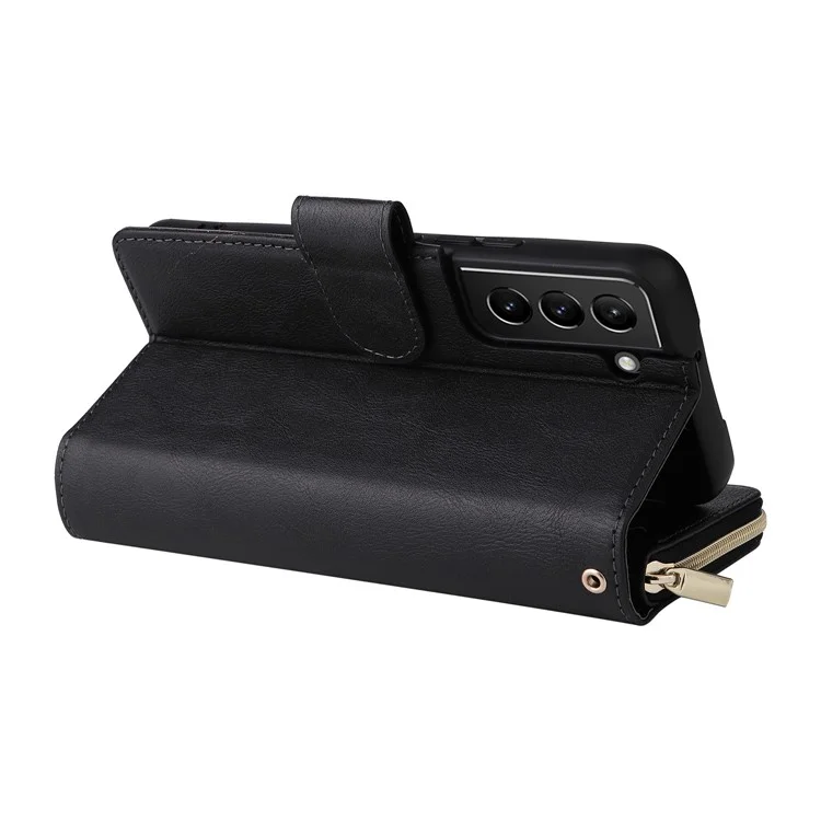 Для Samsung Galaxy S23+ Полная защита Stand Wallet Phone Flip Case PU Кожа Магнитный 9 Держатель для карт Слоты Карман на молнии Крышка со Ремешком - Черный
