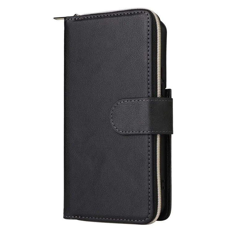 Для Samsung Galaxy S23+ Полная защита Stand Wallet Phone Flip Case PU Кожа Магнитный 9 Держатель для карт Слоты Карман на молнии Крышка со Ремешком - Черный