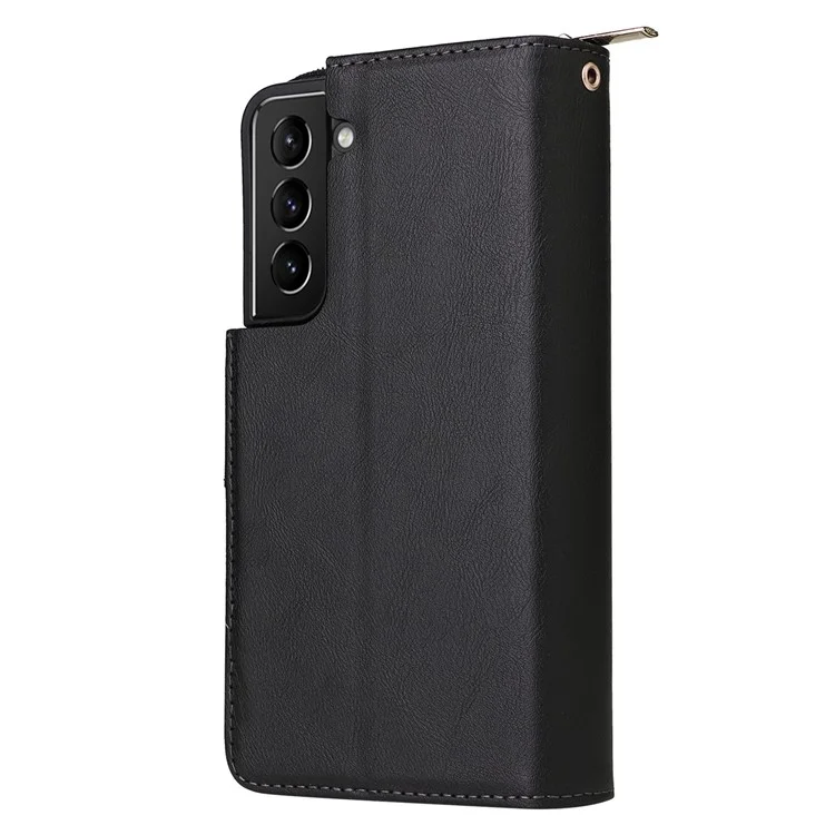 Для Samsung Galaxy S23+ Полная защита Stand Wallet Phone Flip Case PU Кожа Магнитный 9 Держатель для карт Слоты Карман на молнии Крышка со Ремешком - Черный