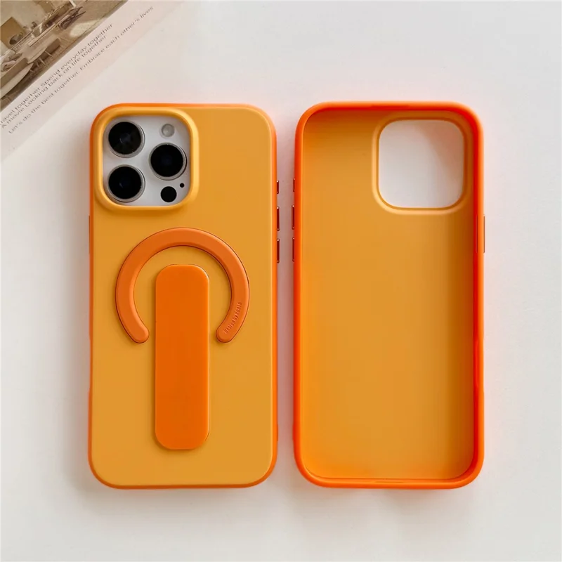 For iPhone 16 Pro Case Compatible with MagSafe Kickstand Skin Touch Contrast Color Silicone TPU PC Phone Cover - Orange