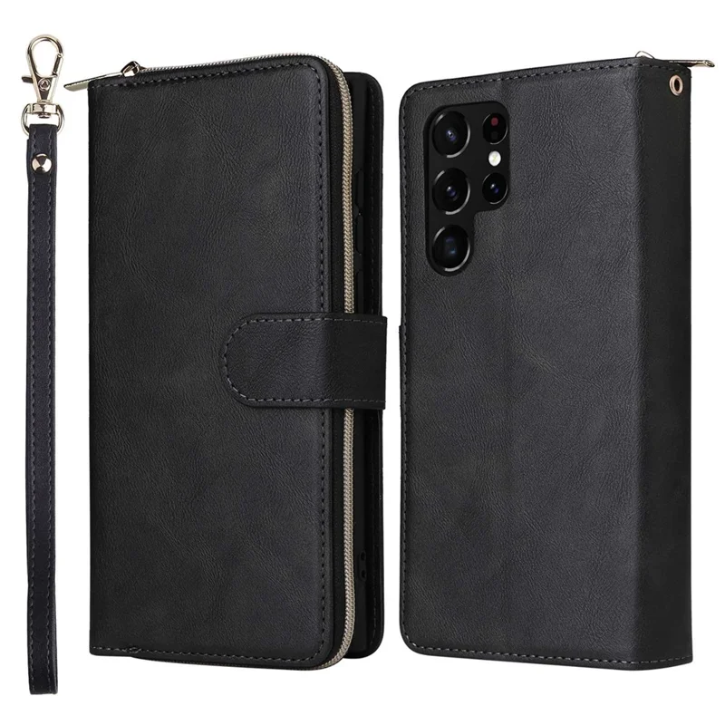 For Samsung Galaxy S23 Ultra Hands-free Stand Wallet Phone Flip Case PU Leather Magnetic 9 Card Holder Slots Zipper Pocket Cover with Strap - Black