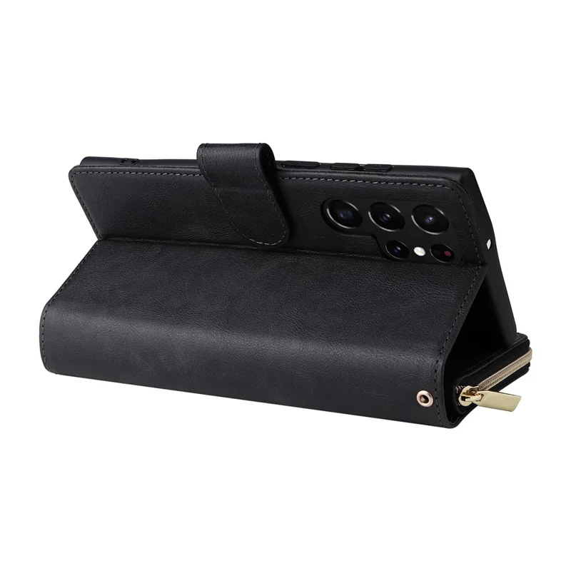 For Samsung Galaxy S23 Ultra Hands-free Stand Wallet Phone Flip Case PU Leather Magnetic 9 Card Holder Slots Zipper Pocket Cover with Strap - Black