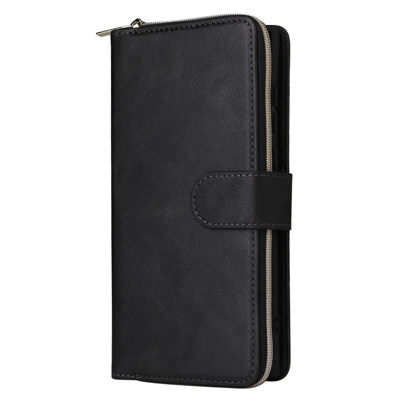 For Samsung Galaxy S23 Ultra Hands-free Stand Wallet Phone Flip Case PU Leather Magnetic 9 Card Holder Slots Zipper Pocket Cover with Strap - Black