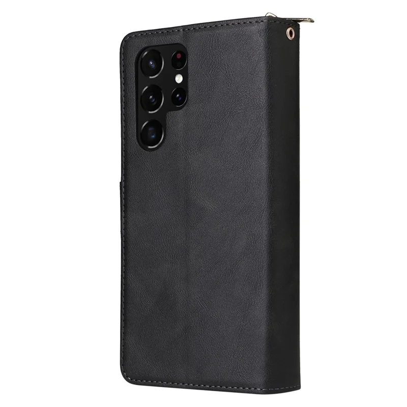 For Samsung Galaxy S23 Ultra Hands-free Stand Wallet Phone Flip Case PU Leather Magnetic 9 Card Holder Slots Zipper Pocket Cover with Strap - Black