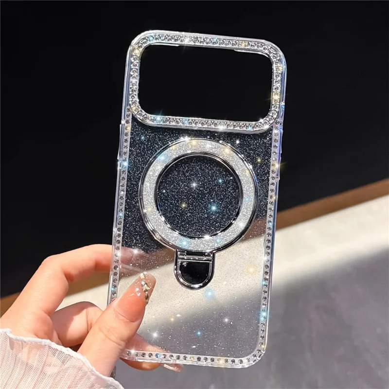 Capa para iPhone 17 Pro Max com Suporte, Borlas de Strass, Costas Brilhantes, Capa para Telemóvel TPU + PC IMD - Transparente Brilhante