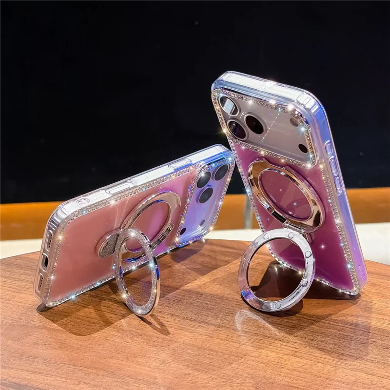 Coque pour iPhone 17 Pro avec Support Rotatif, Strass Bord Brillant, Dos Pailleté, Coque de Téléphone TPU + PC IMD Transparente Pailletée