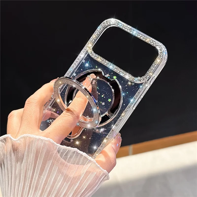 Coque pour iPhone 17 Pro avec Support Rotatif, Strass Bord Brillant, Dos Pailleté, Coque de Téléphone TPU + PC IMD Transparente Pailletée