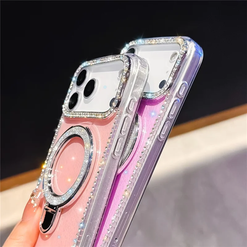 Coque pour iPhone 17 Pro avec Support Rotatif, Strass Bord Brillant, Dos Pailleté, Coque de Téléphone TPU + PC IMD Transparente Pailletée
