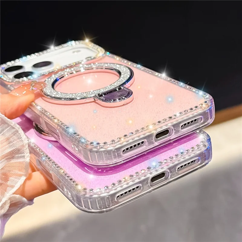 Coque pour iPhone 17 Pro avec Support Rotatif, Strass Bord Brillant, Dos Pailleté, Coque de Téléphone TPU + PC IMD Transparente Pailletée