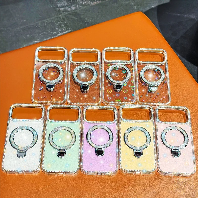 Coque pour iPhone 17 Pro avec Support Rotatif, Strass Bord Brillant, Dos Pailleté, Coque de Téléphone TPU + PC IMD Transparente Pailletée