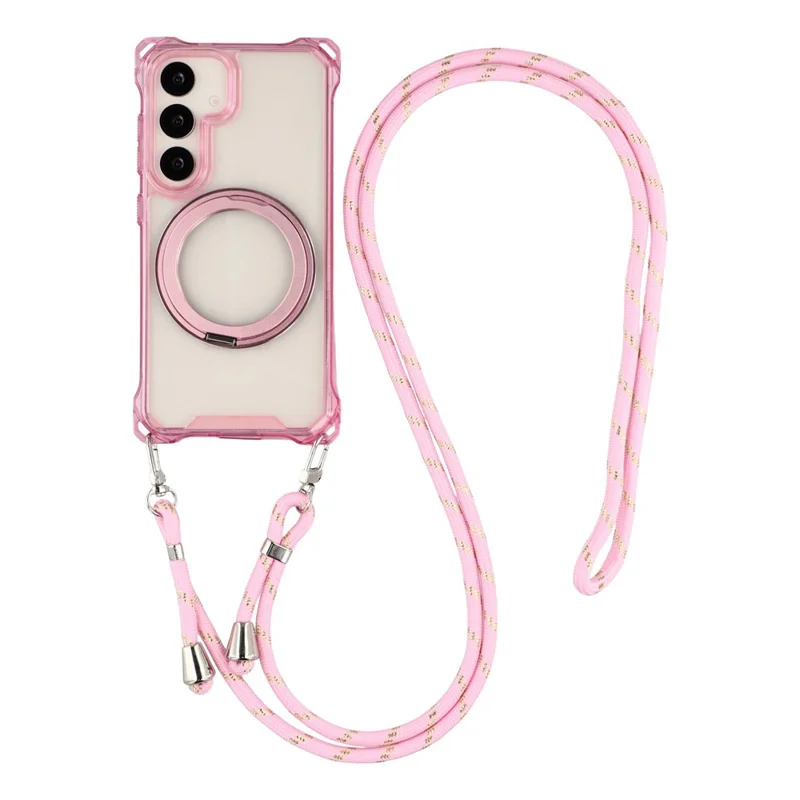 For Samsung Galaxy S26 Magnetic Case Ring Kickstand TPU + PC Phone Cover with Lanyard - Pink
