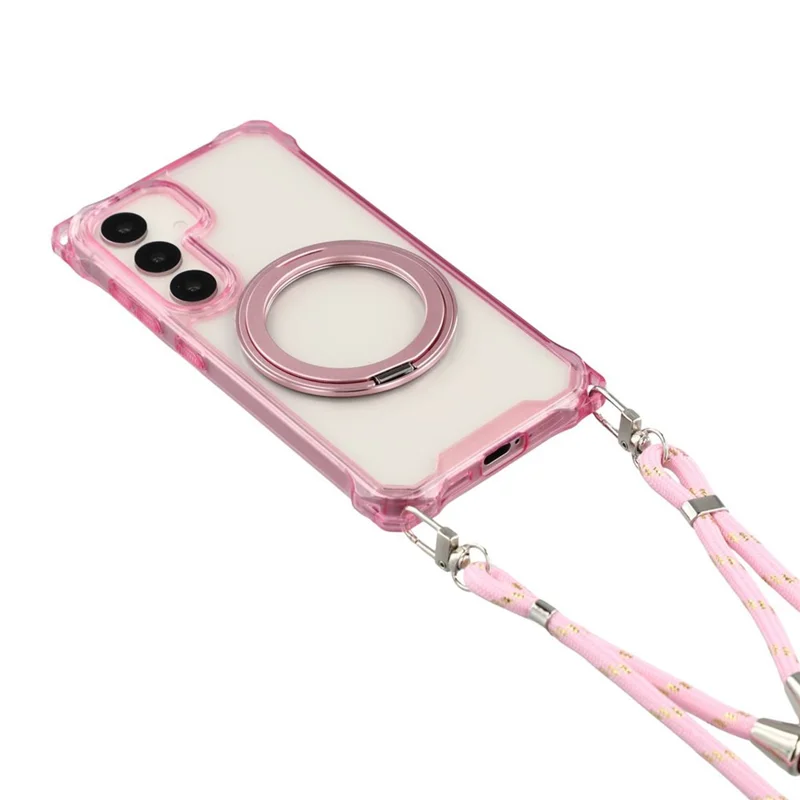 For Samsung Galaxy S26 Magnetic Case Ring Kickstand TPU + PC Phone Cover with Lanyard - Pink
